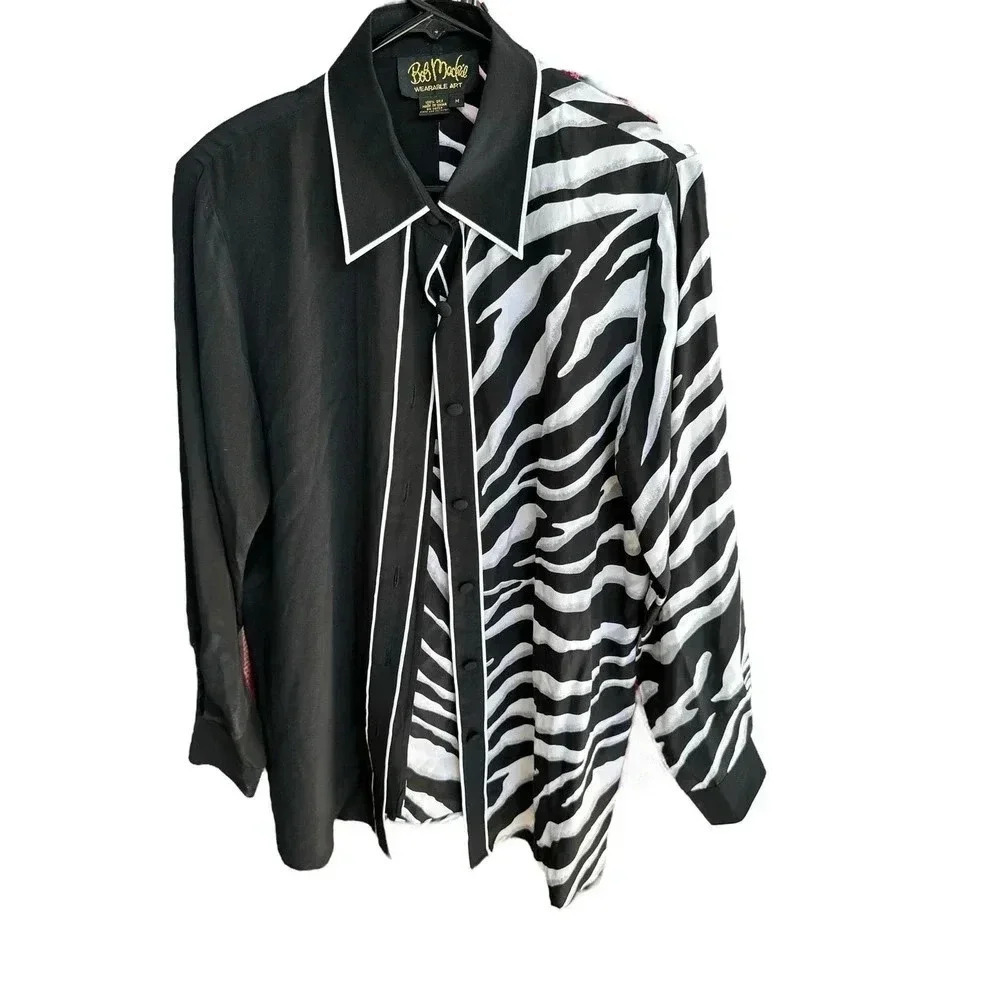 Bob Mackie Women's Black Animal Print Long Sleeve Button Down Silk Shirt Size M
